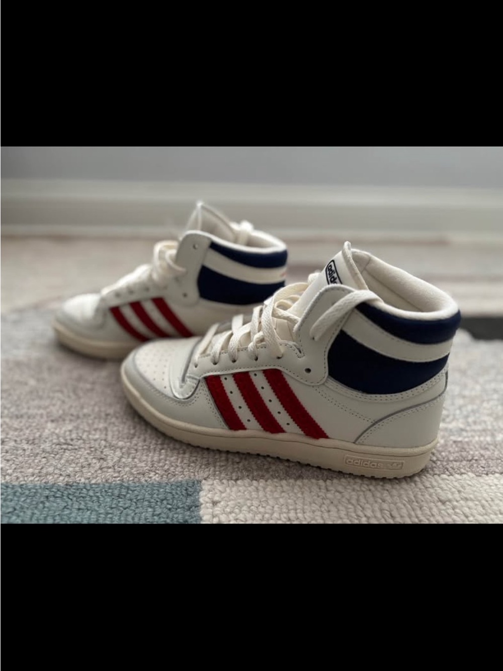 adidas High-Top Sneakers in White with Red Stripes & Navy Collar